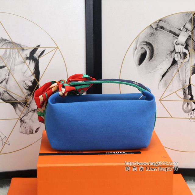 Hermes女包 愛馬仕飯盒包 Trousse Bride-A-Brace Hermes帆布便當包 水妖藍  tdh2161